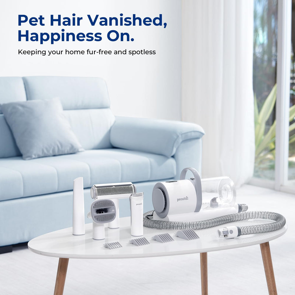 Pecute dog grooming vacuum in-use demo shows easy one-click detachment and emptying