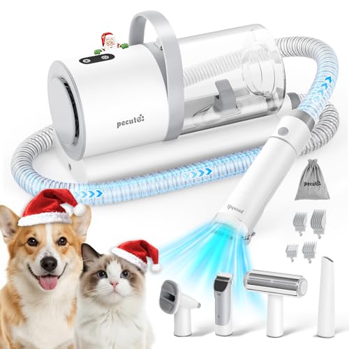 Pecute dog grooming vacuum top view shows a complete home grooming setup for quick sessions