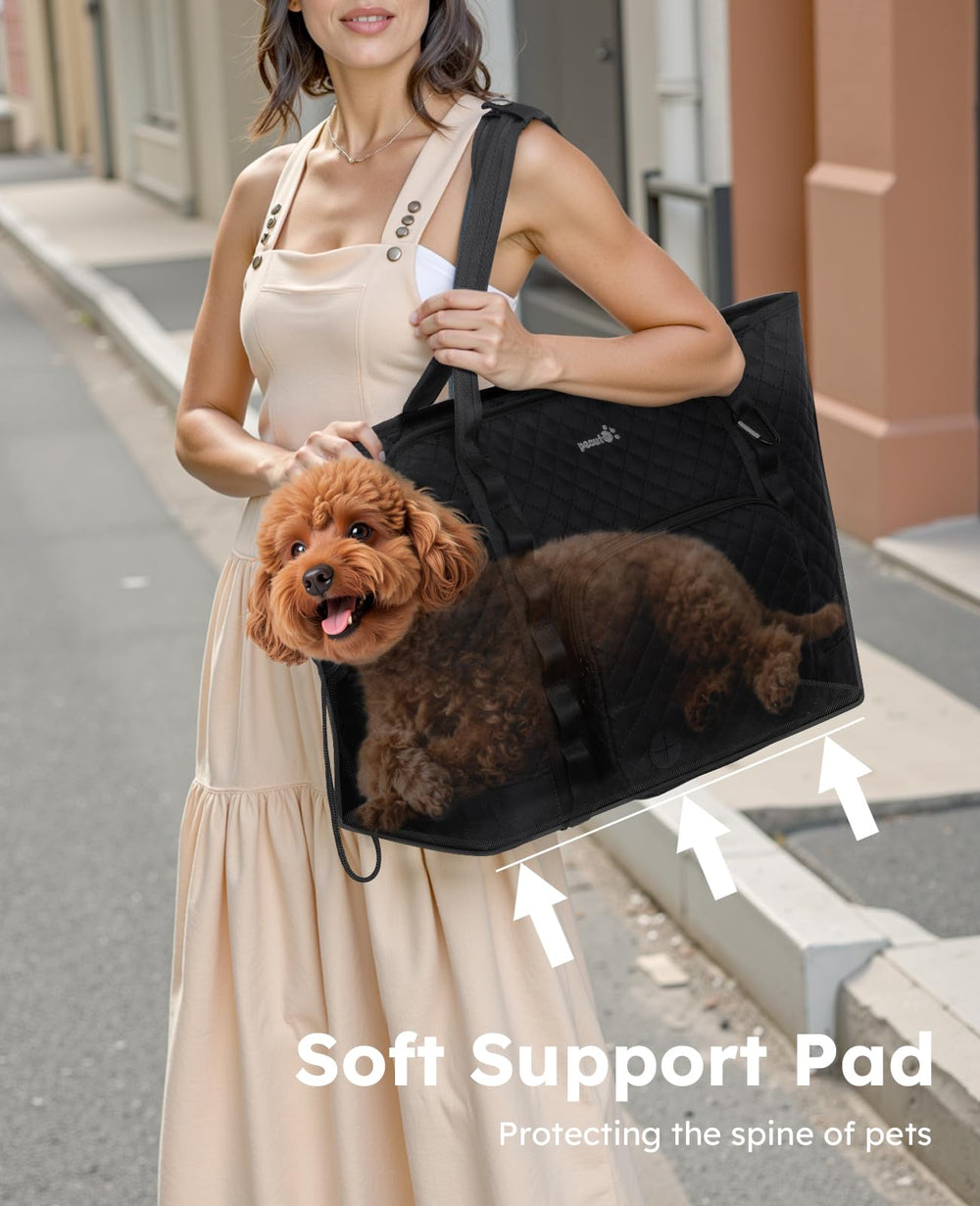 Pecute dog purse carrier back pocket doubles as extra travel storage.