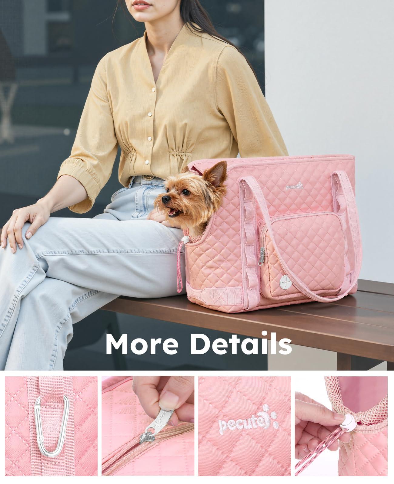 Pecute Dog Purse Carrier diamond grid design adds stylish travel appeal.