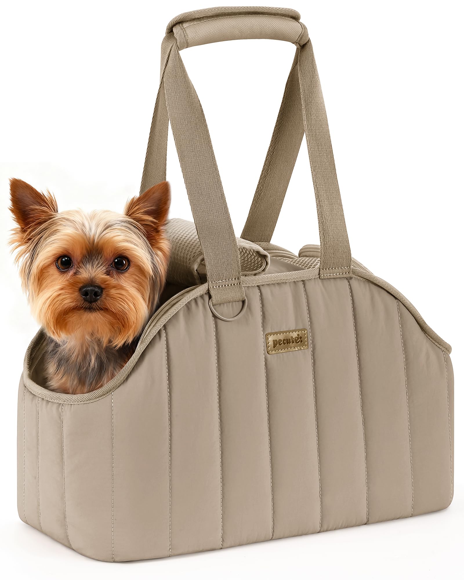 Pecute dog purse carrier with escape-proof safety leash for secure travel.