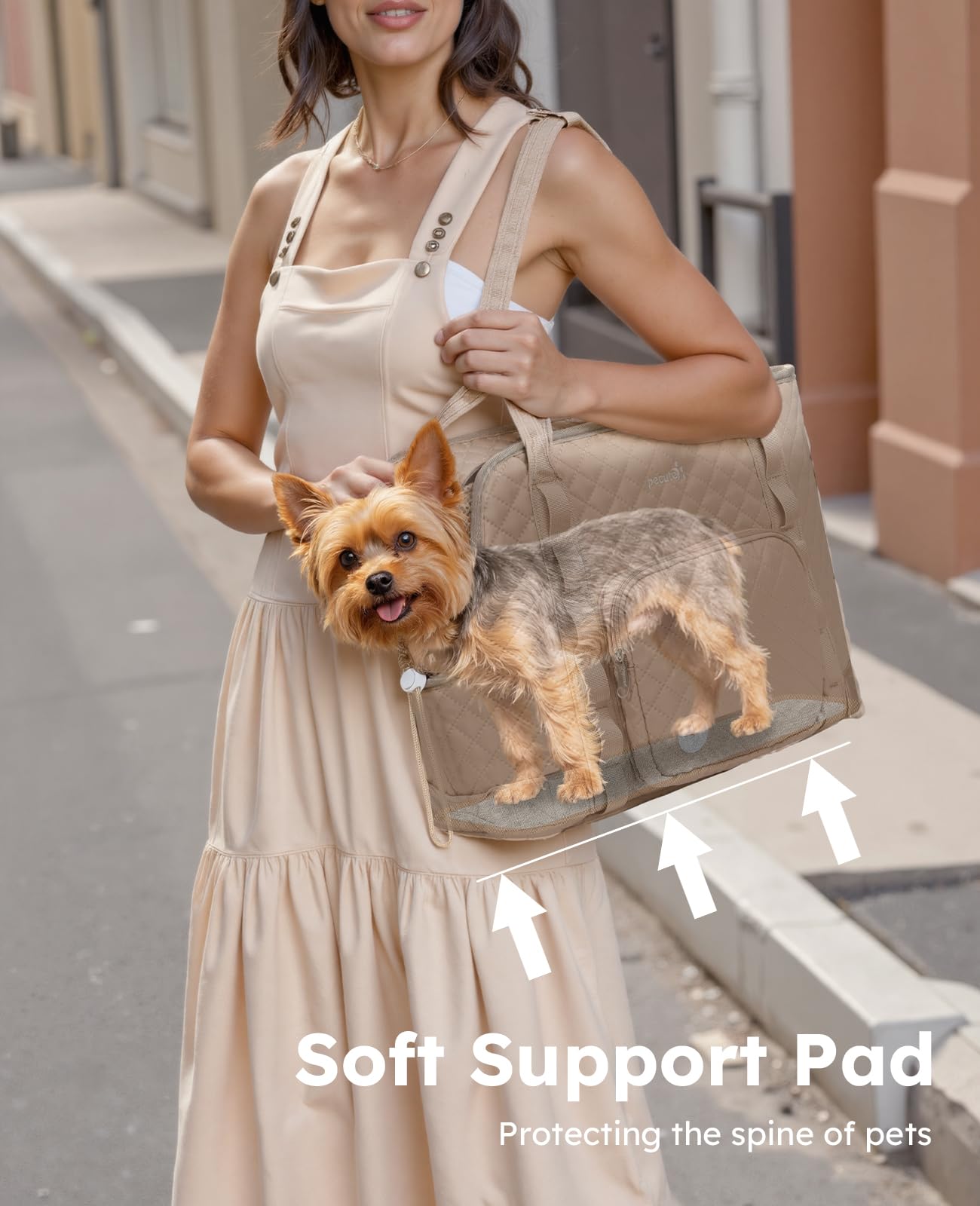 Pecute dog purse carrier removable bottom board adds stability and comfort.