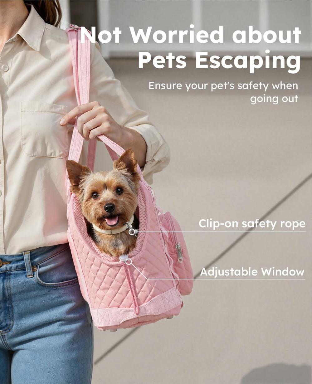 Pecute Dog Purse Carrier top zip open highlights secure pet enclosure during transport.