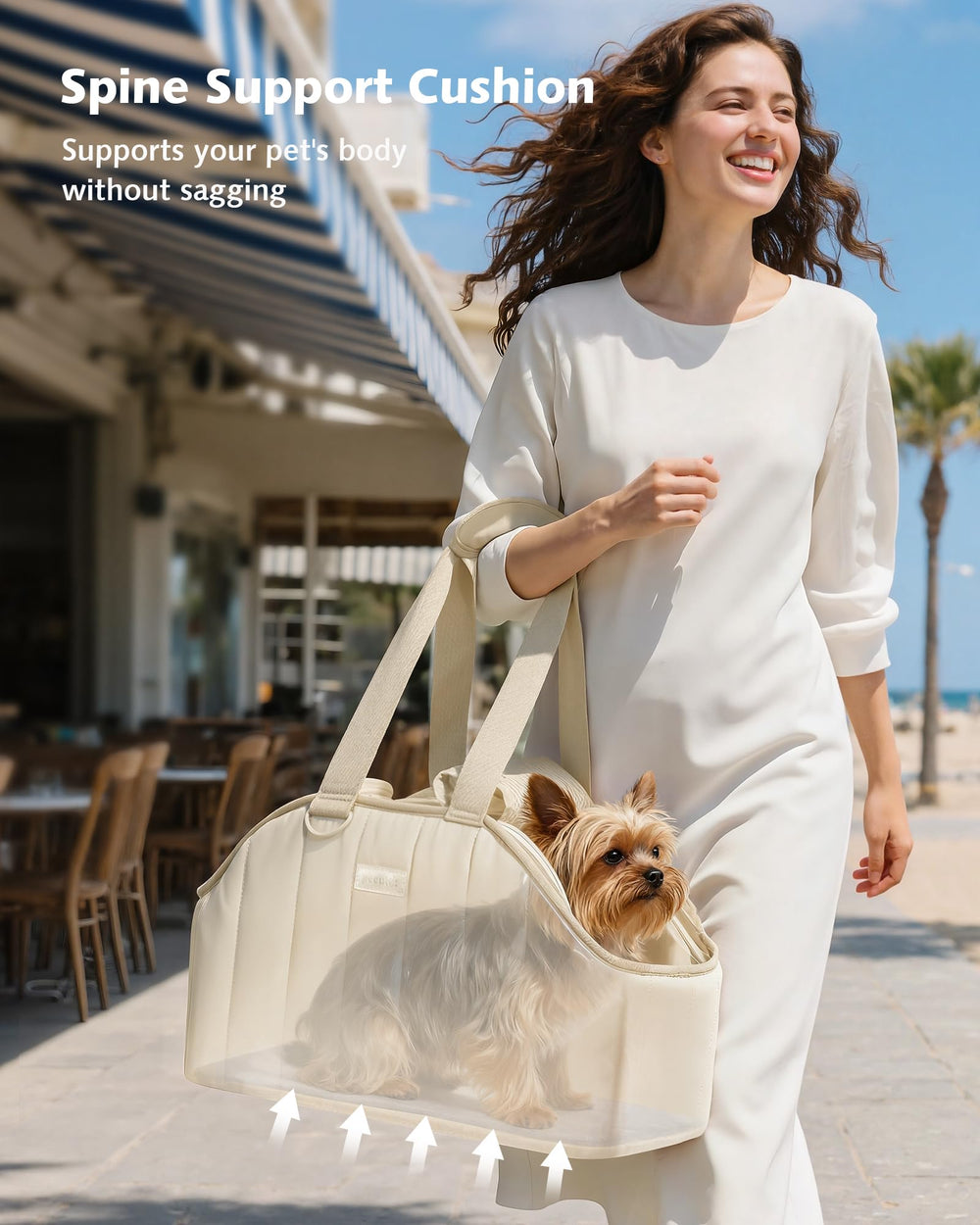 Pecute dog purse carrier cream, airflow mesh highlight for cooling.