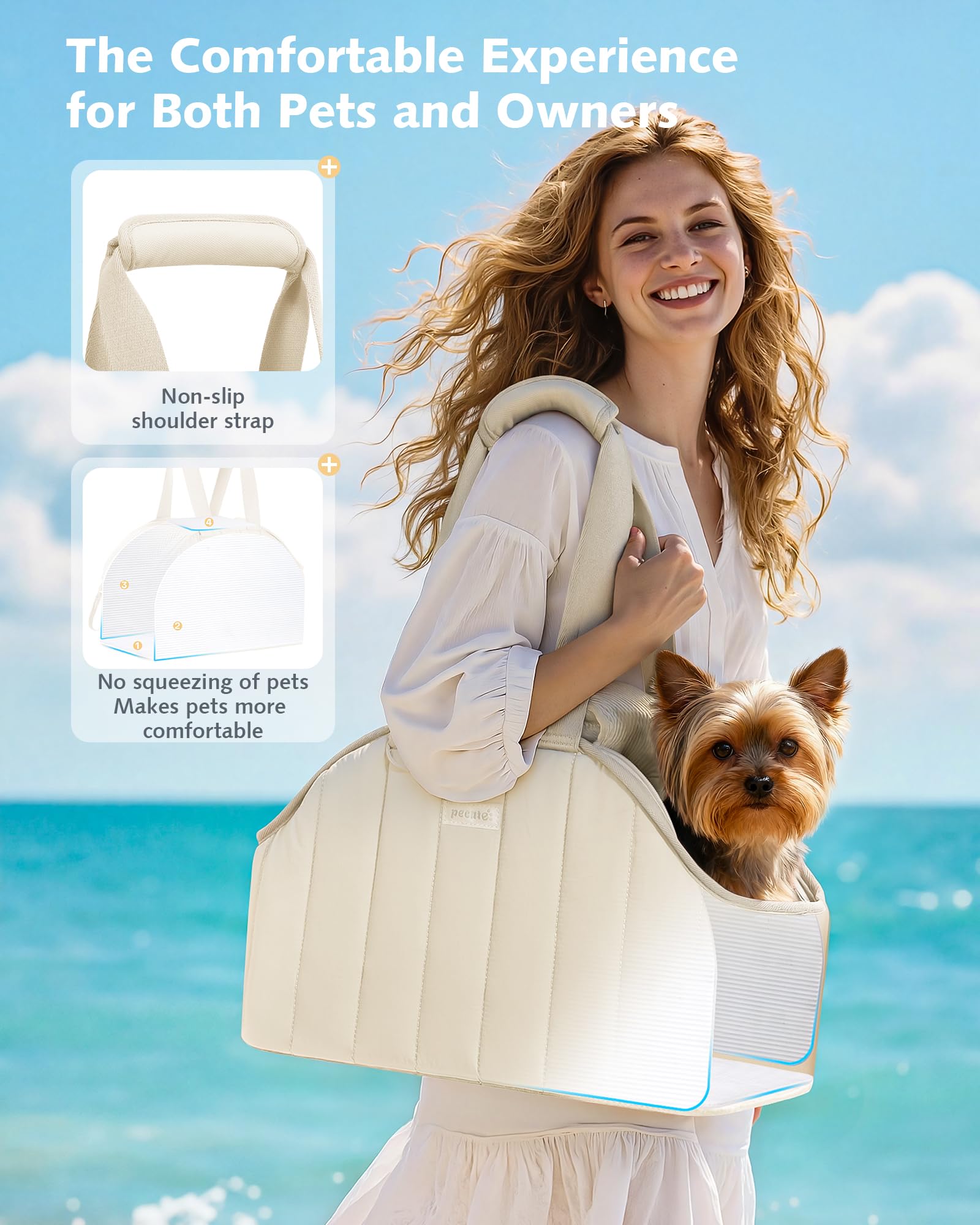 Pecute dog purse carrier cream, back view highlighting foldable storage and padding.