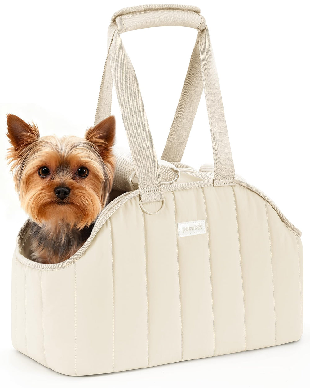 Pecute dog purse carrier cream, front view showing breathable mesh and safety leash.
