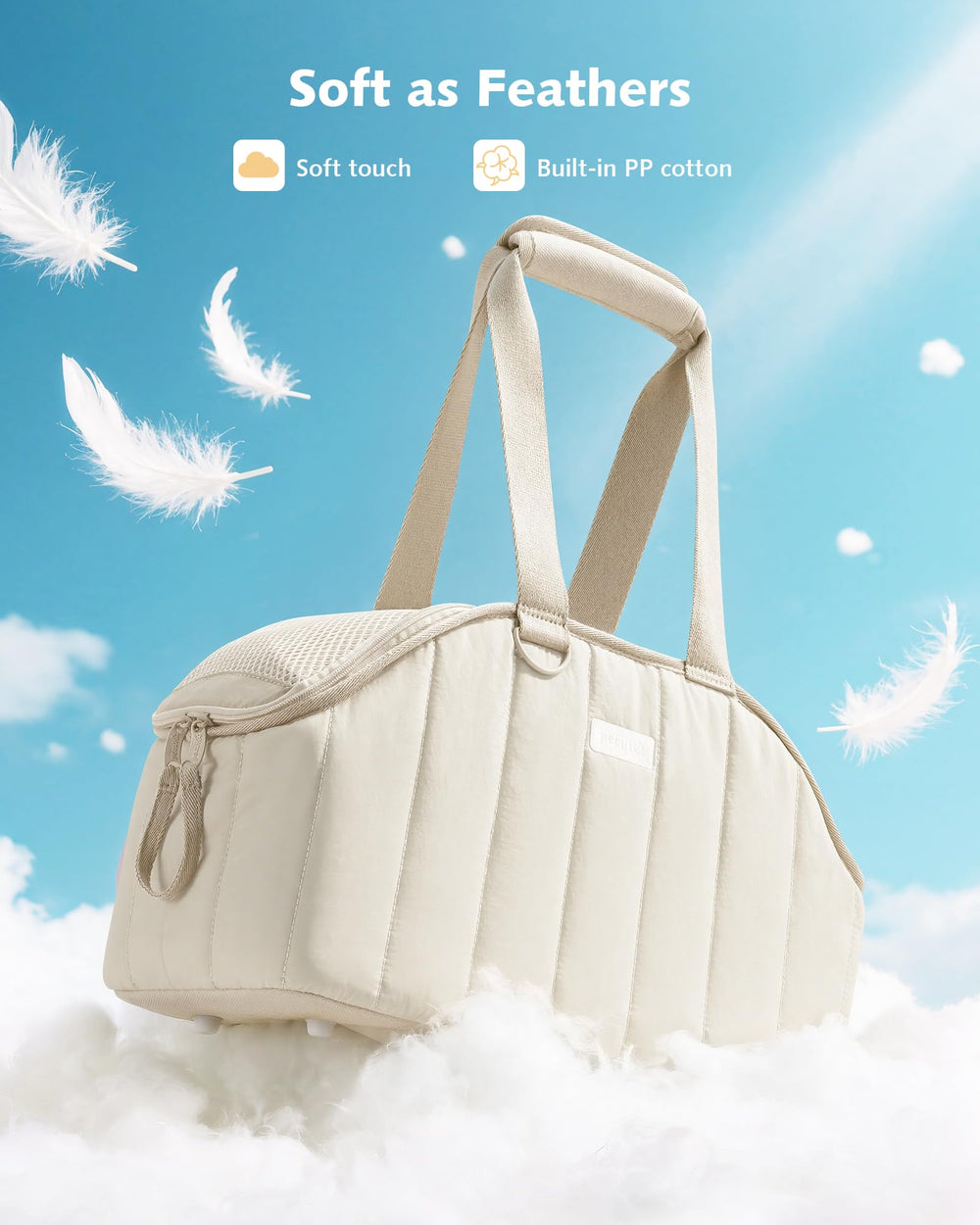 Pecute dog purse carrier cream, inside cushion detail for pet comfort.