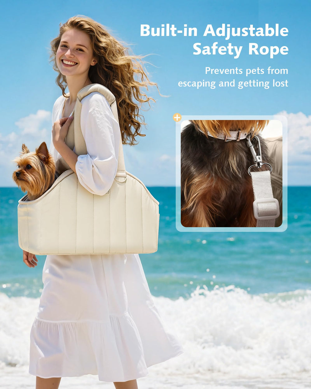 Pecute dog purse carrier cream, pocket detail for toys and treats.