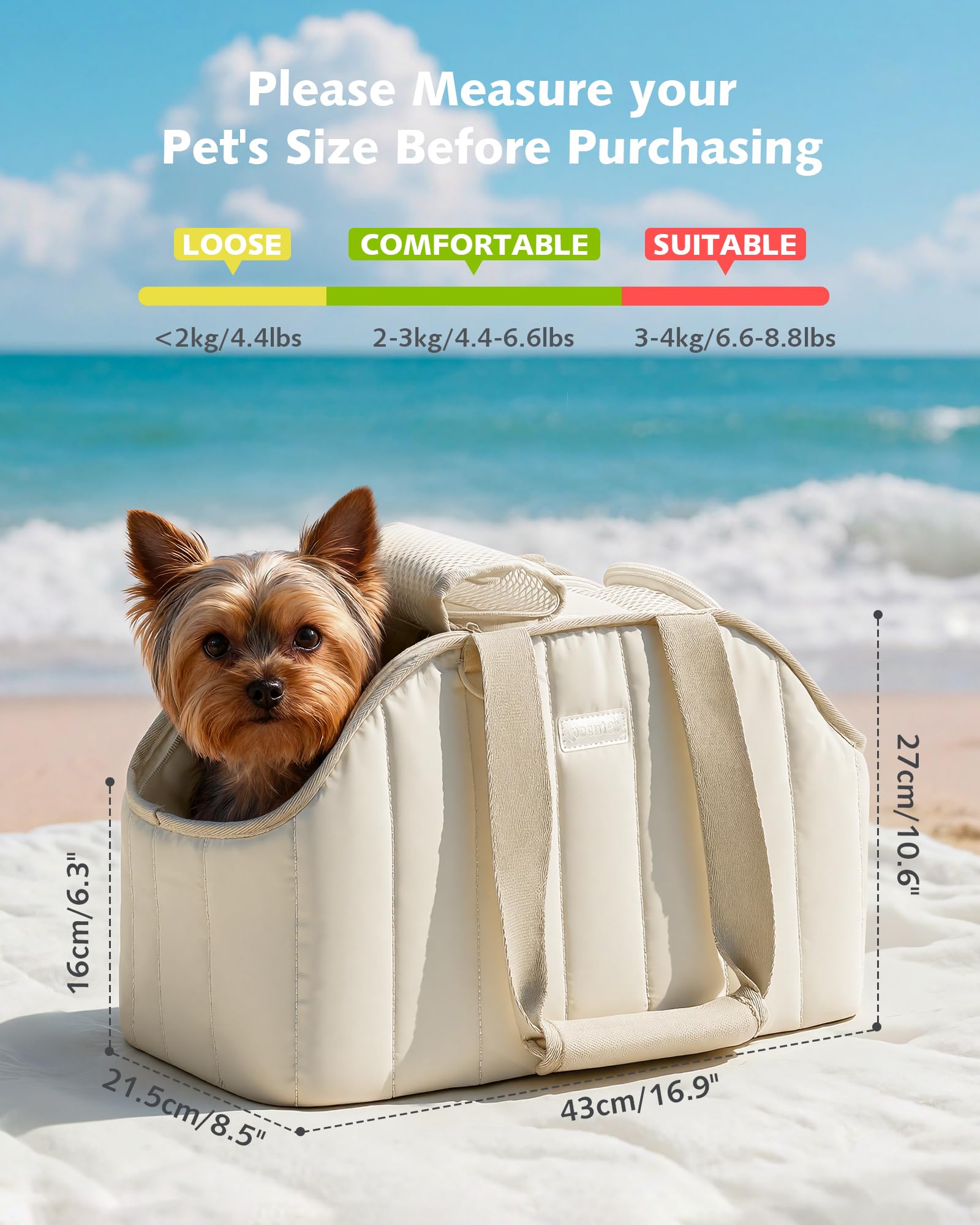 Pecute dog purse carrier cream, side view with large pockets for supplies.
