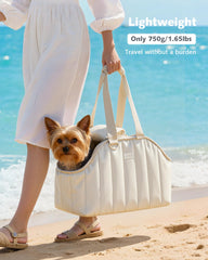 Pecute dog purse carrier cream, top view showcasing opening and comfortable fit.