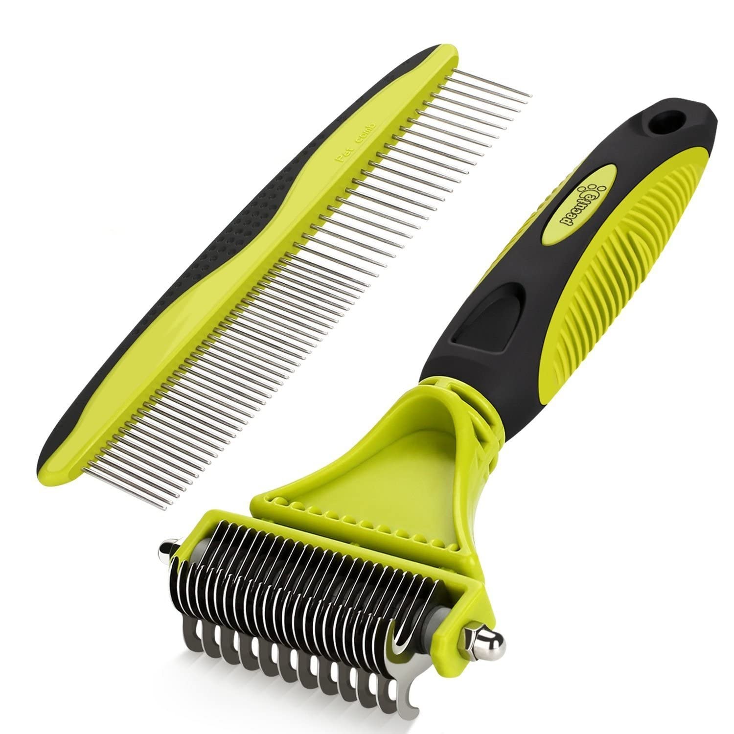 Pecute dual-sided dematting tool with 12-23 teeth for detangling long coats.