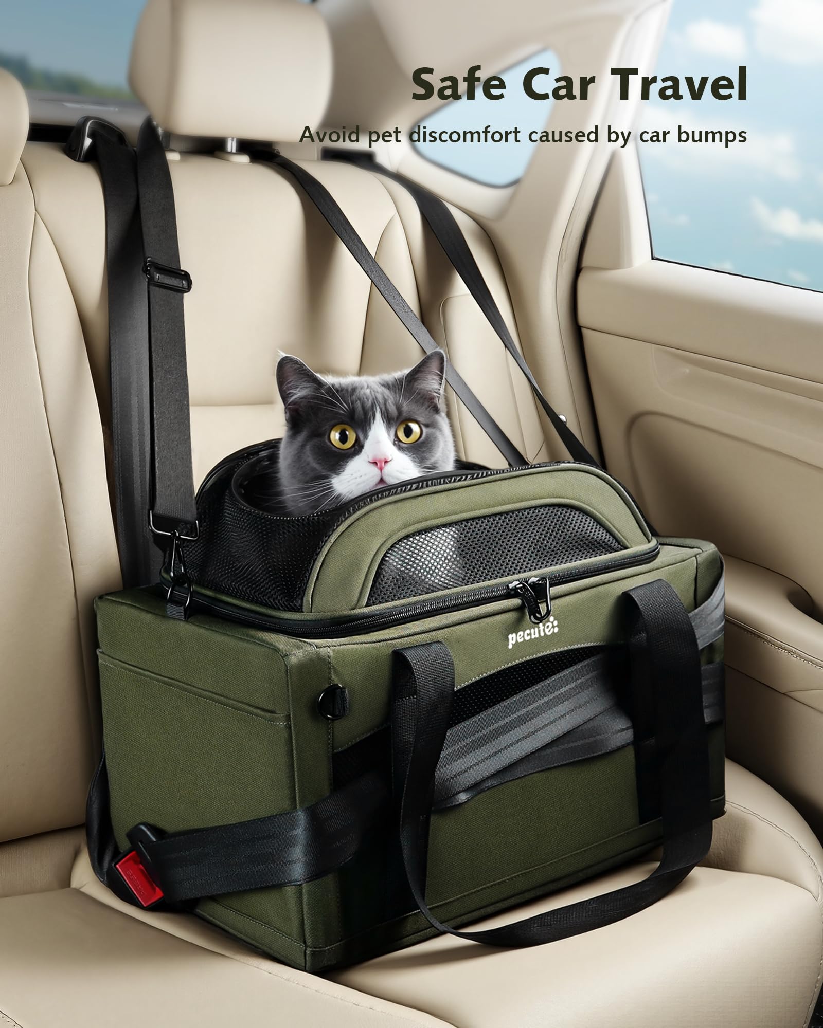 Pecute foldable design with luggage strap supports hands-free airport transitions.