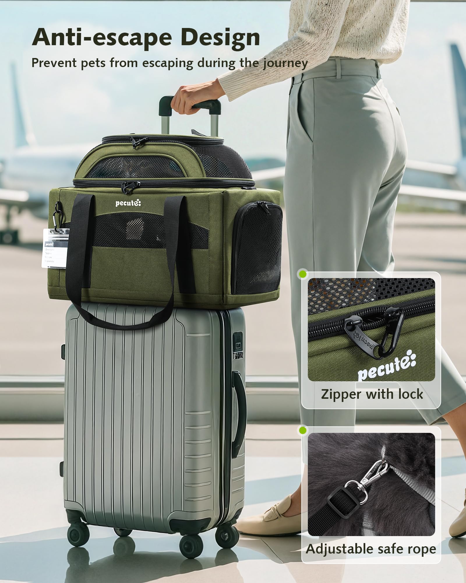 Pecute carrier locking zippers with clip-on leash enhance pet safety.