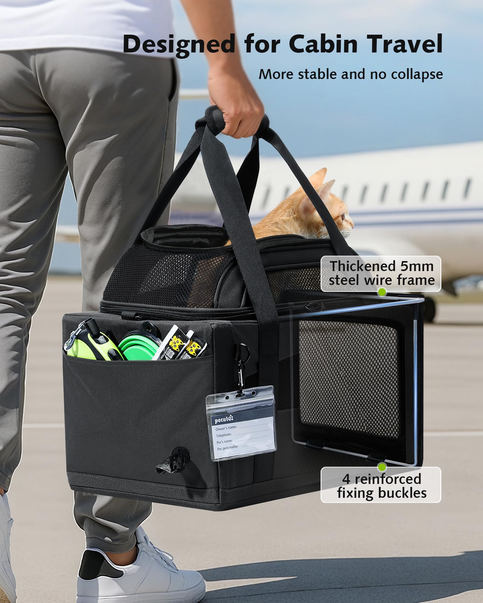 Pecute expandable top expansion shows increased space for pet movement during flights