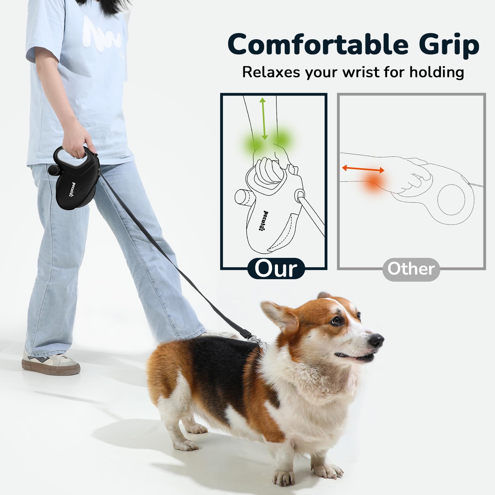 Pecute ergonomic TPE handle provides comfortable grip during long walks or hikes