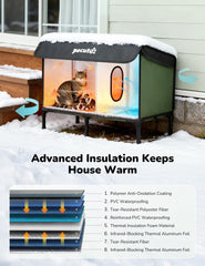 Pecute outdoor heated cat house large entrance shows weather barrier for feral cats