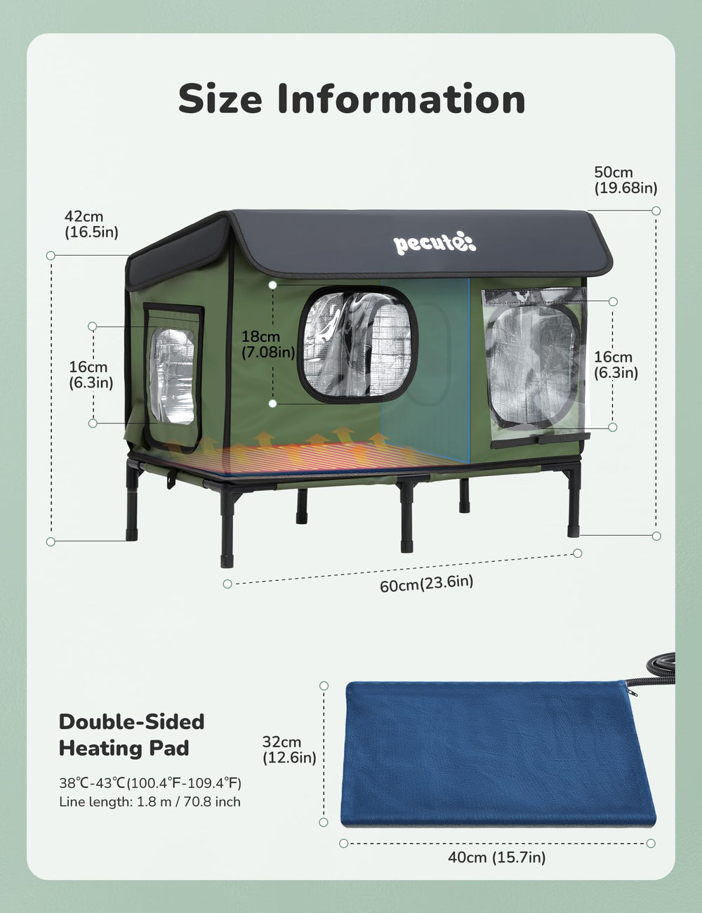 Pecute outdoor heated cat house large escape-door design for safety