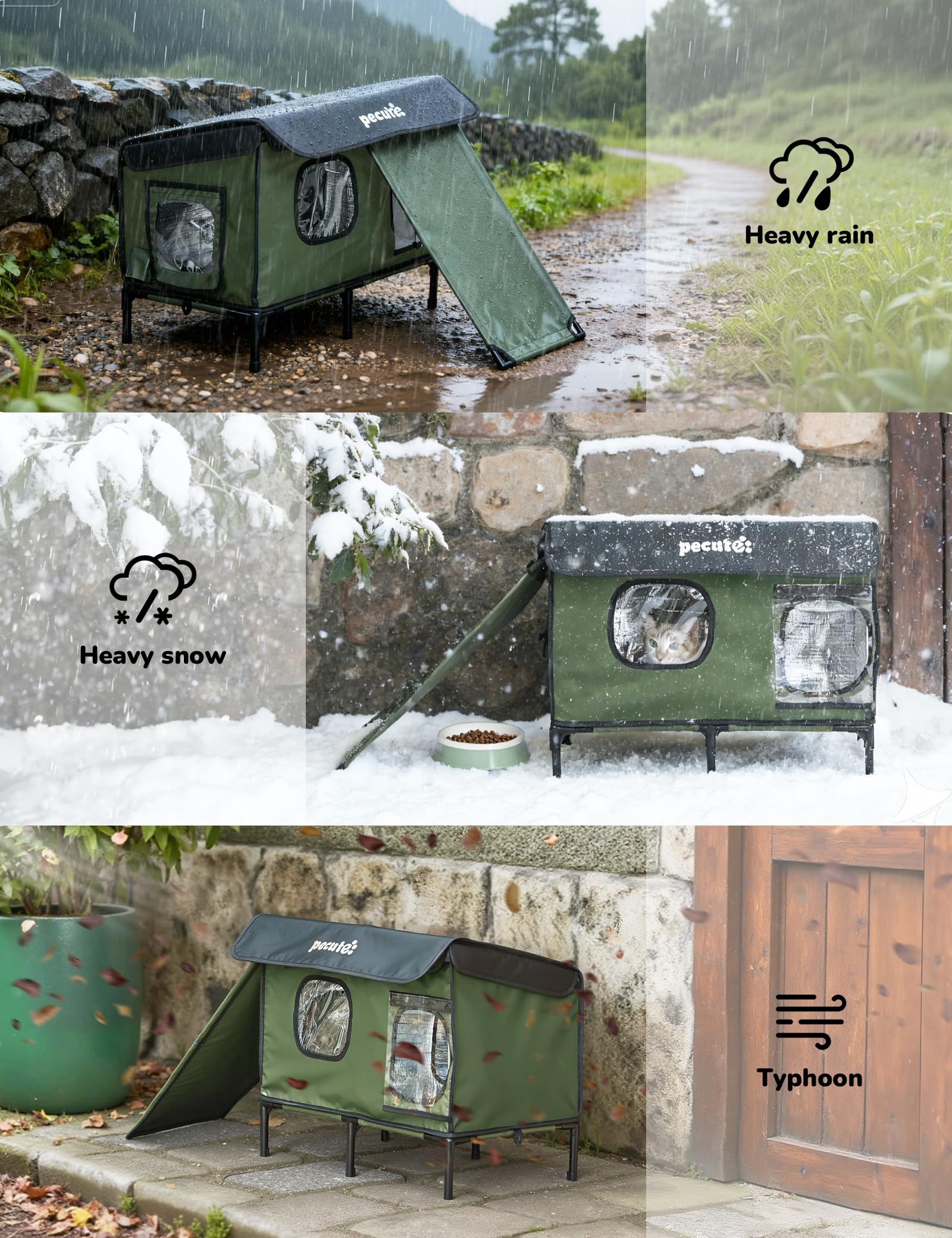 Pecute outdoor heated cat house large expanded canopy shields from rain