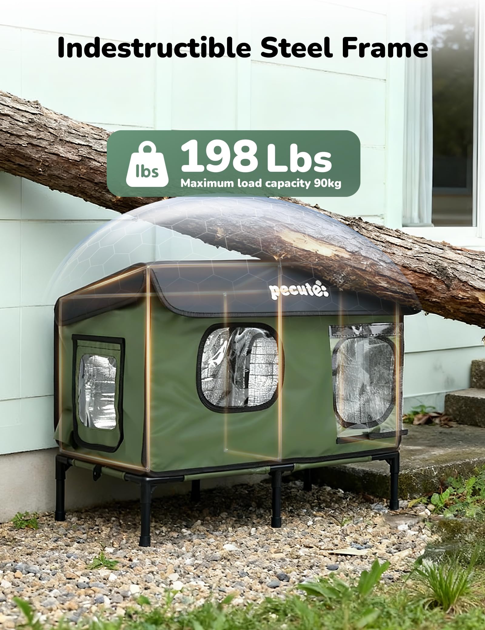 Pecute outdoor heated cat house large roof detail emphasizes sun-absorbent warmth