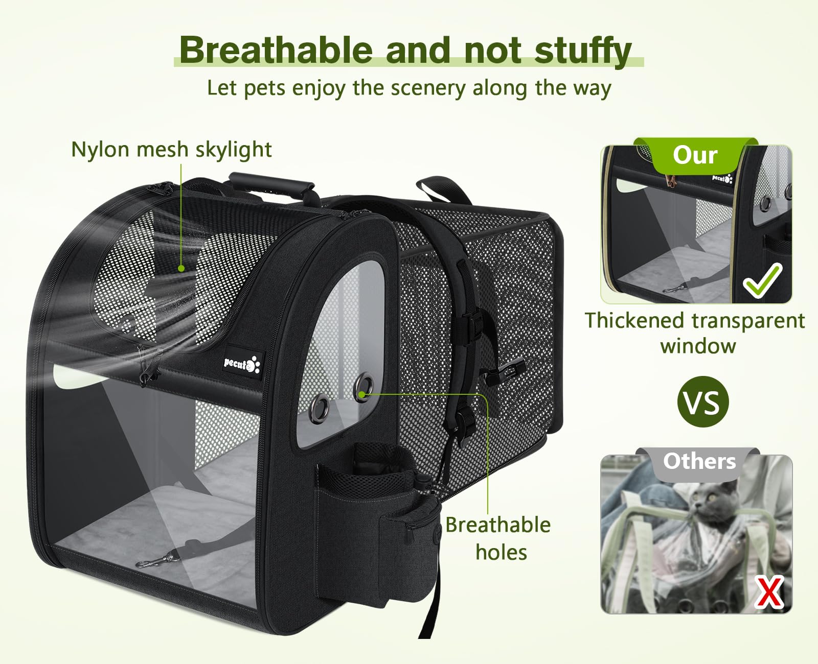 Pecute pet carrier backpack 3-panel acrylic board ensures visibility and natural light