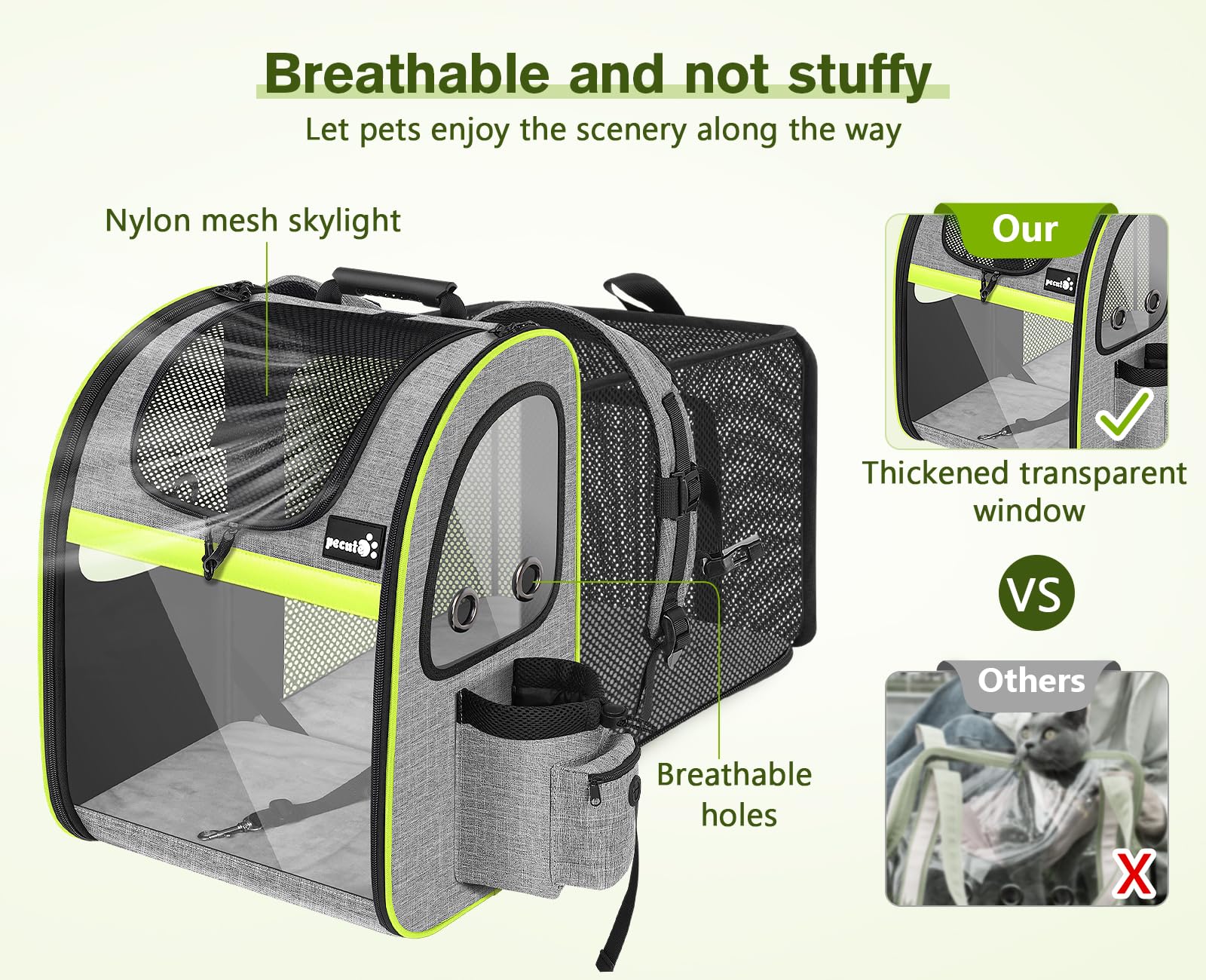 Pecute Pet Carrier Backpack acrylic panel offers light and visibility.