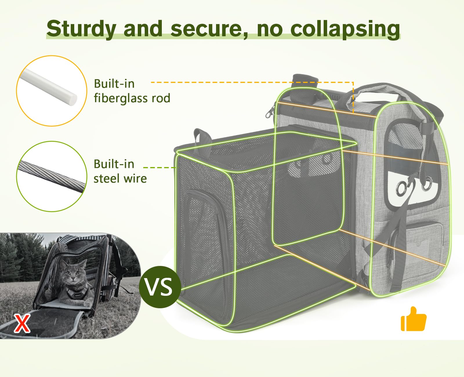 Pecute expandable back shows extra space and airflow for calm pets.