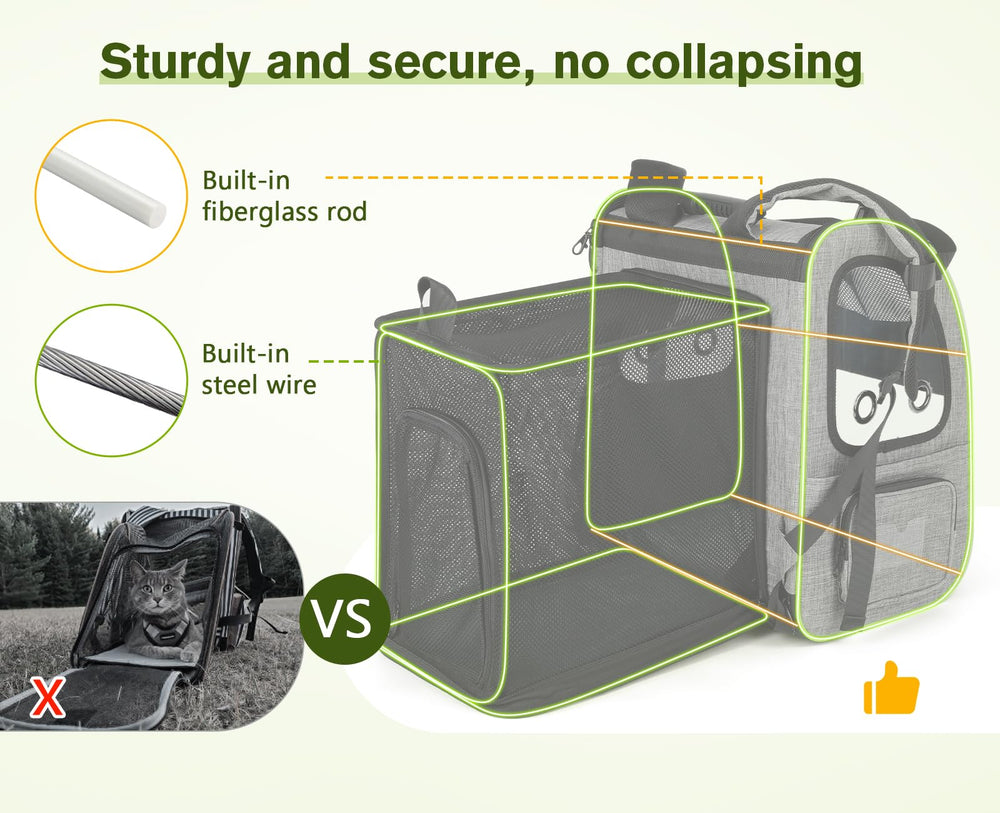 Pecute expandable back shows extra space and airflow for calm pets.
