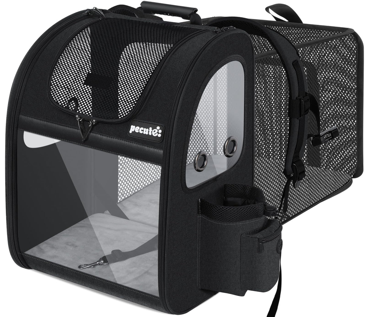Pecute pet carrier backpack front view showing roomy fit for small dogs and cats