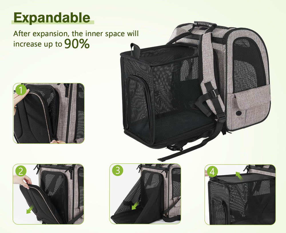 Pecute Pet Carrier Backpack side pockets hold treats and essentials for trips