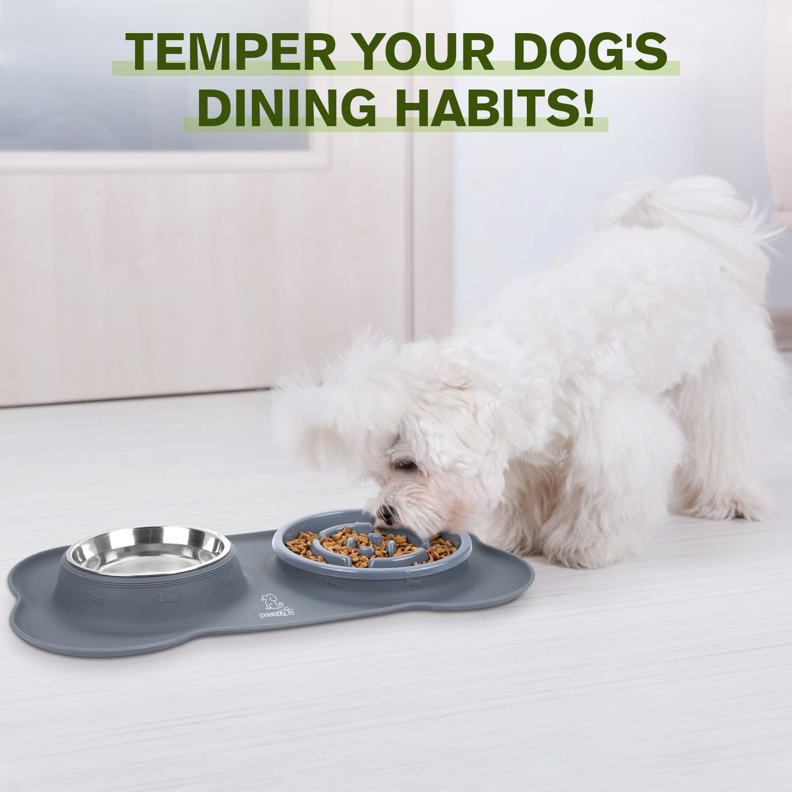 Pecute pet dining set on the floor keeps feeding neat and contained.