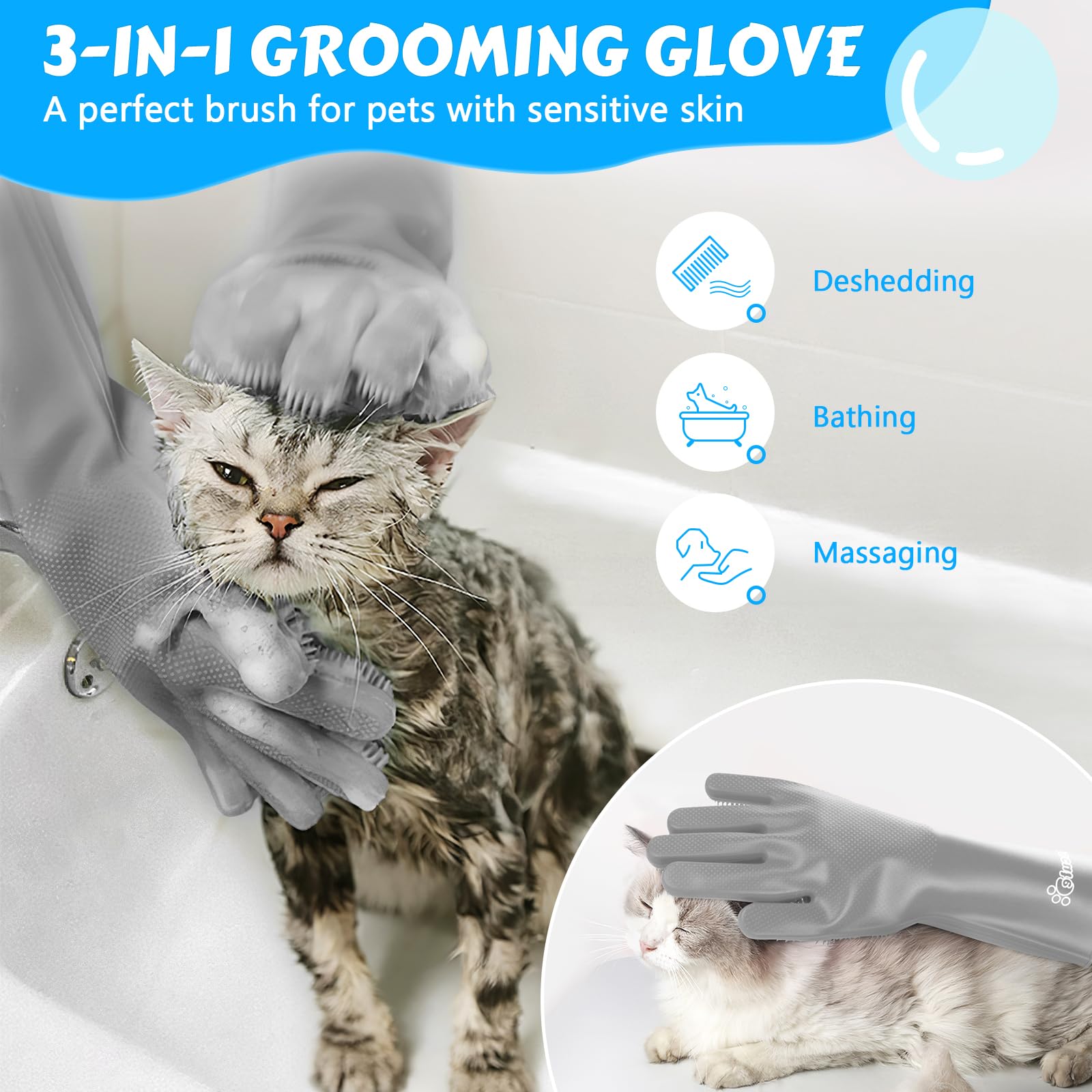 Pecute Pet Grooming Gloves soft-brush-heads enhance cleaning and soothing massage.