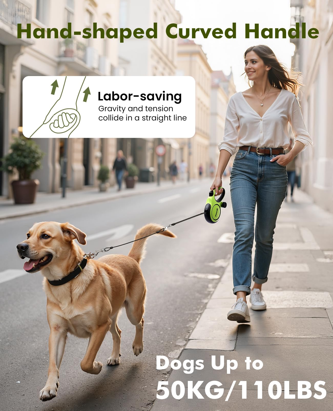Pecute retractable leash with non-slip grip for comfortable one-handed control.