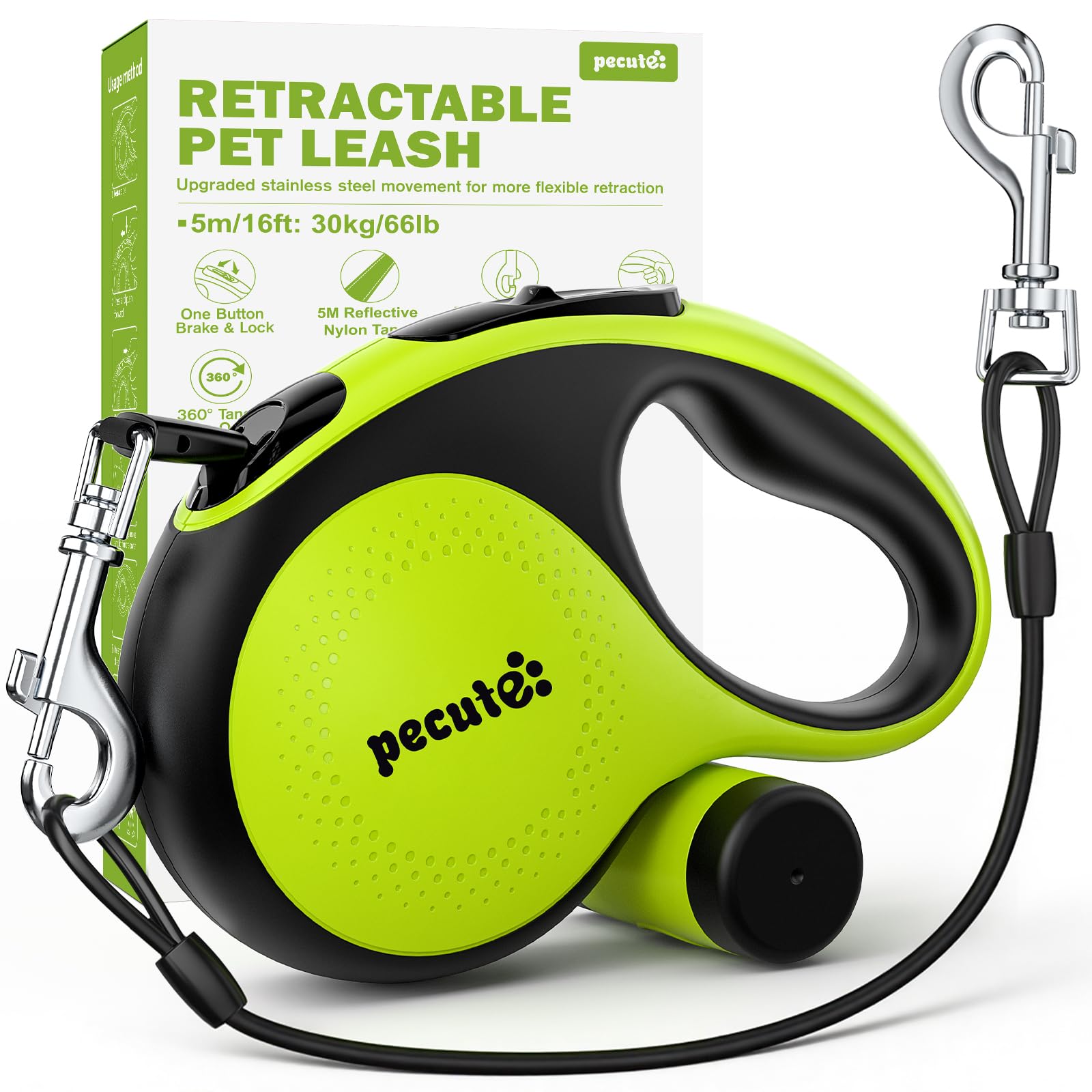 Pecute retractable leash with anti-slip handle for comfortable control during walks.