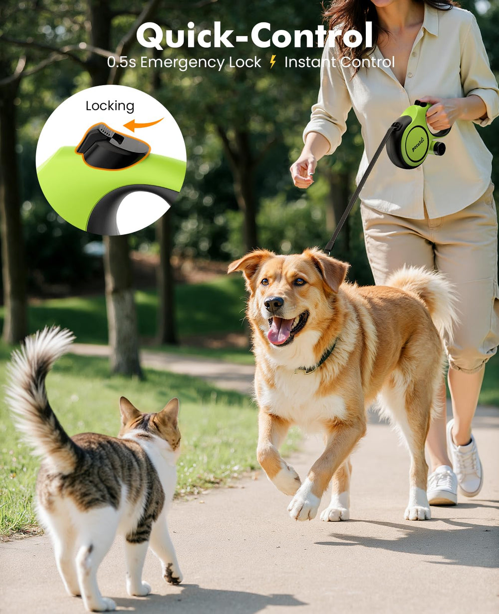 Pecute retractable leash with detachable poop bag holder for quick cleanup.