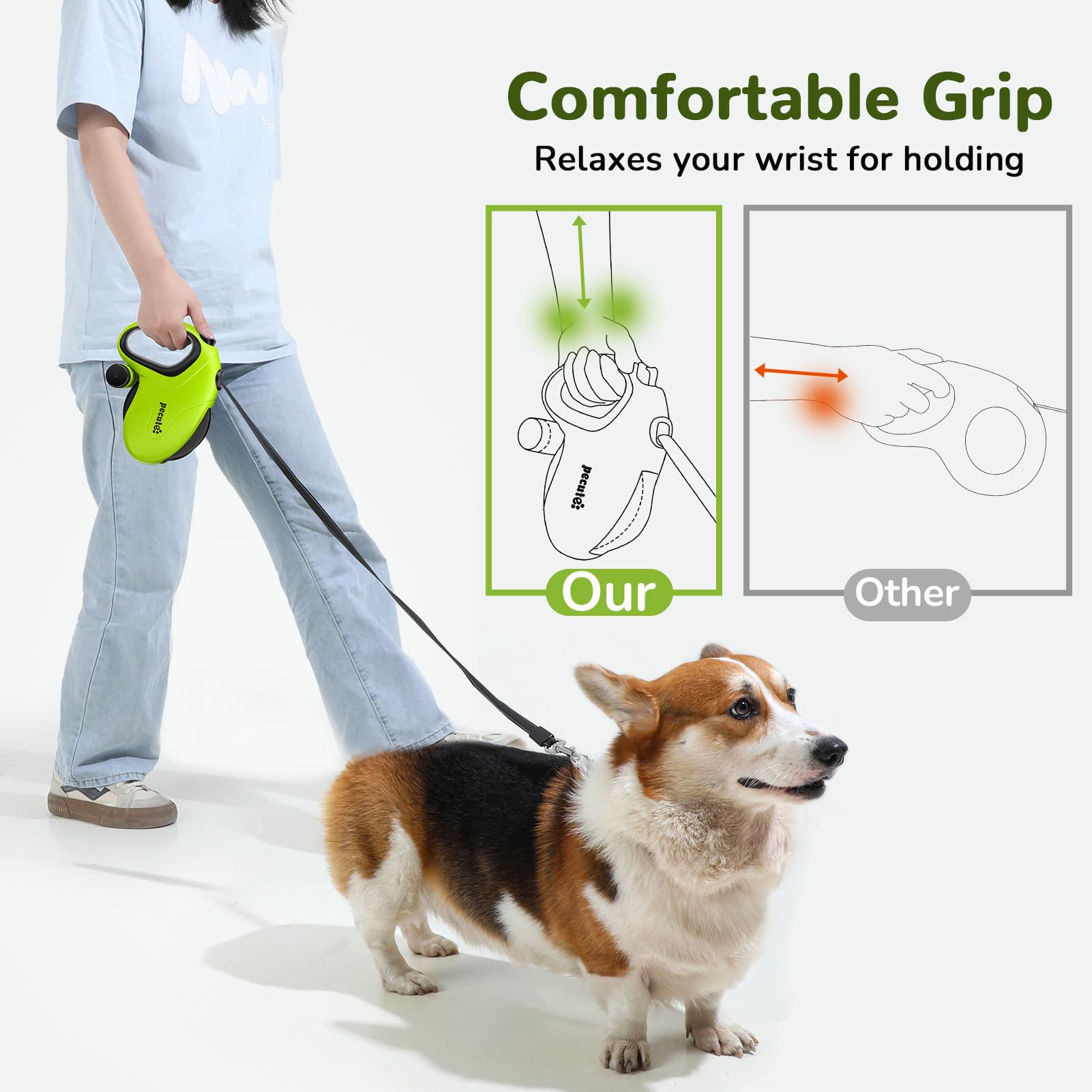 Pecute leash with reflective strips boosts visibility during low-light strolls.