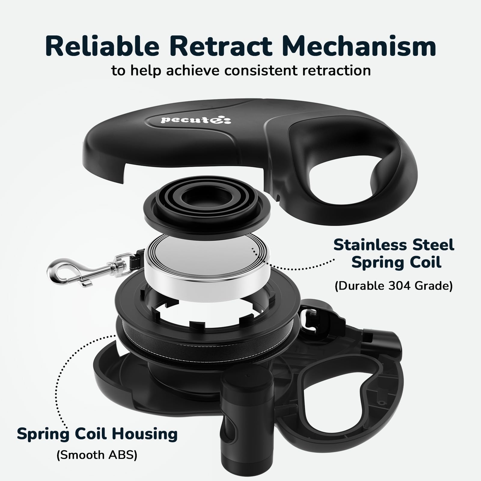 Pecute retractable leash with reflective strips increases visibility during dawn or dusk walks