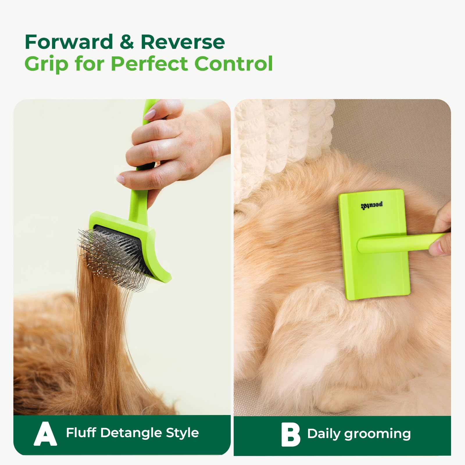 Pecute slicker brush anti-slip grip close-up for secure control during grooming.