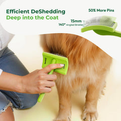Pecute slicker brush curved head on pet for comfortable fur removal.