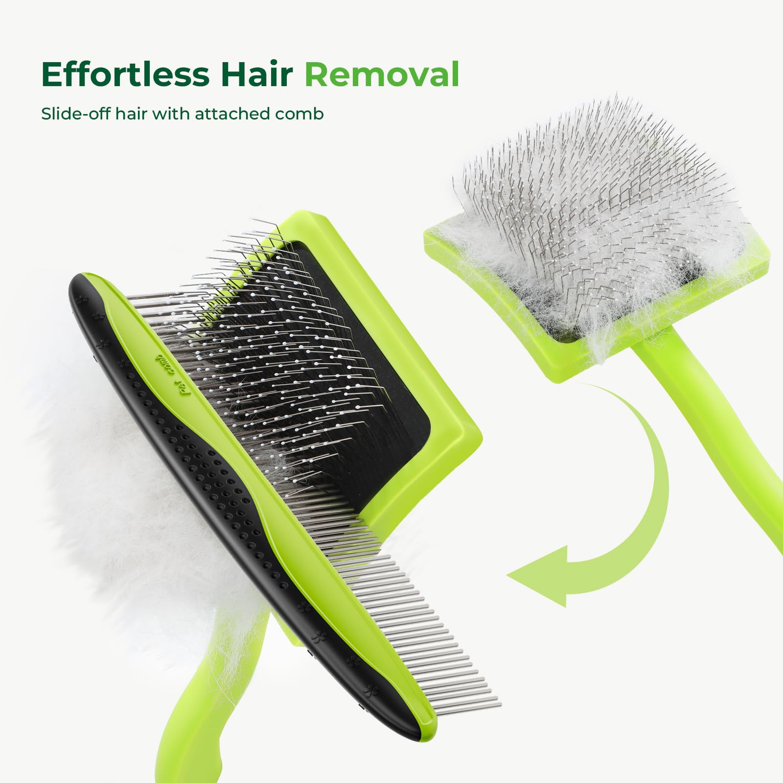 Pecute slicker brush hair release feature with included comb for easy cleanup.