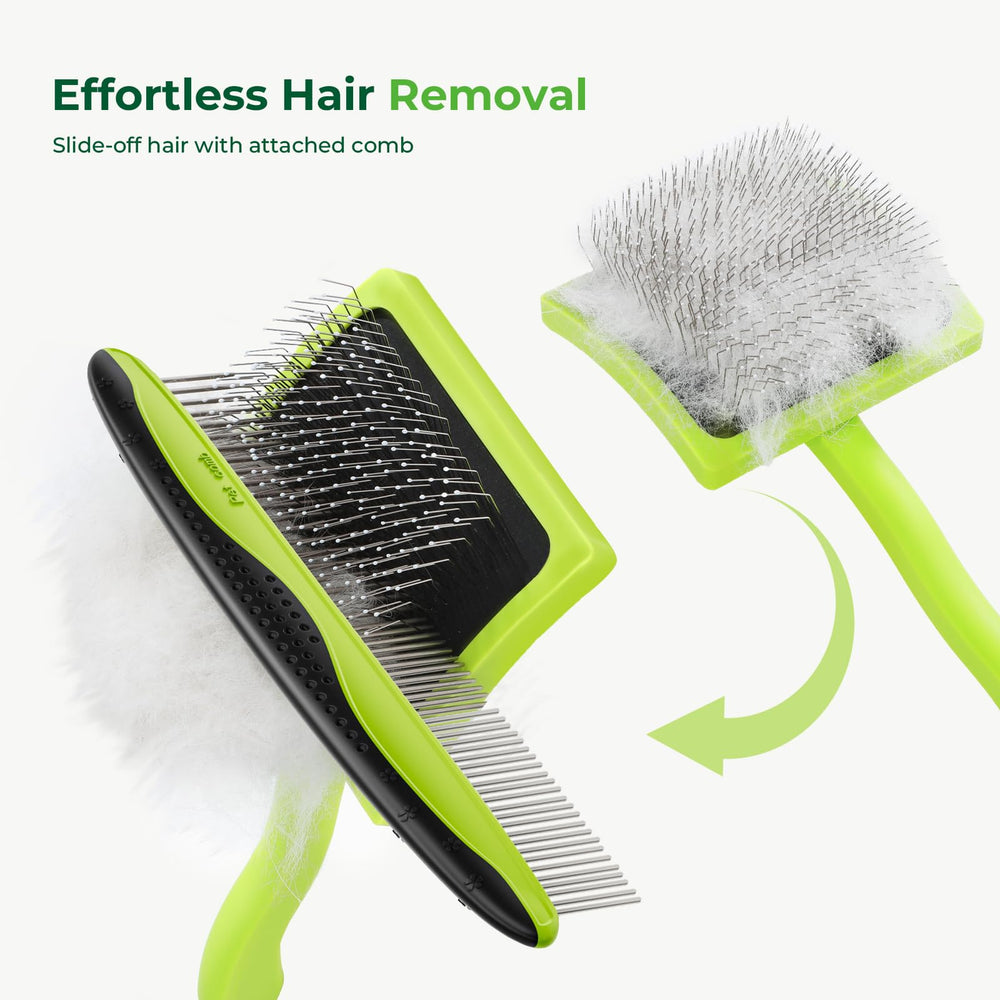 Pecute slicker brush hair release feature with included comb for easy cleanup.