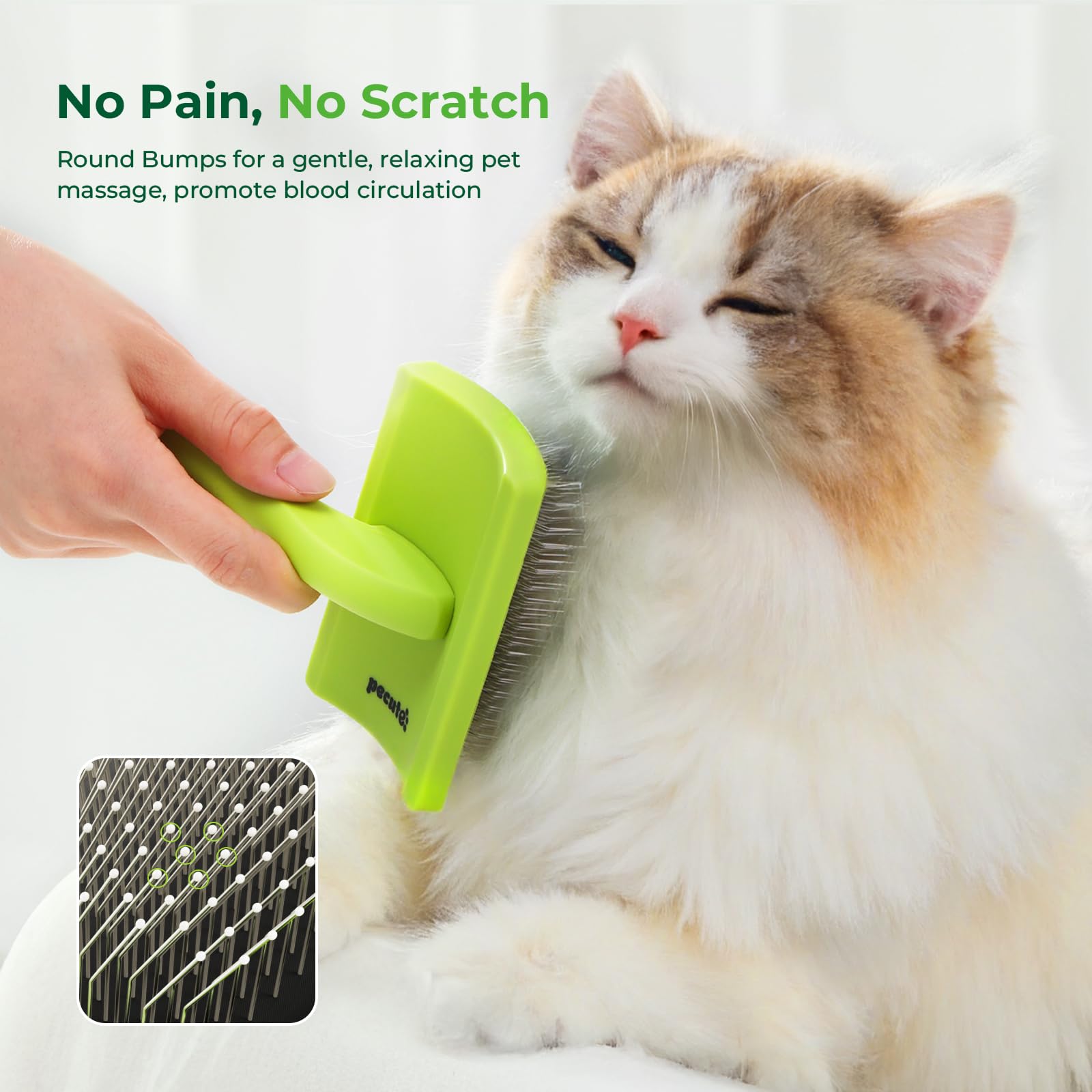 Pecute slicker brush soft pins close-up demonstrating skin-friendly brushing.