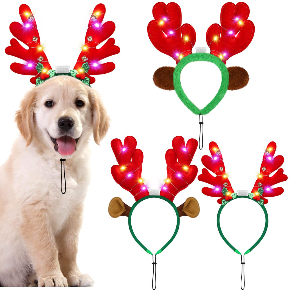 Pedgot 3pcs LED pet headbands worn by a dog with red antlers for Christmas fun