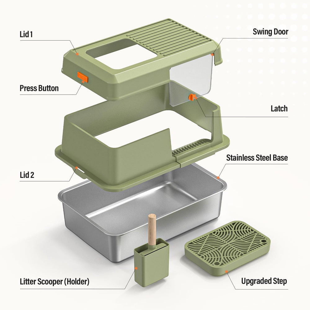 PEDIBAT stainless steel litter box with 6-inch high walls helps contain urine and litter.