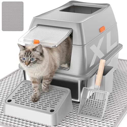 PEDIBAT stainless-steel cat litter box with scoop for quick cleanup.