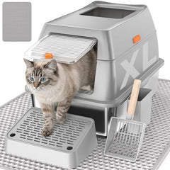 PEDIBAT stainless-steel cat litter box with scoop for quick cleanup.