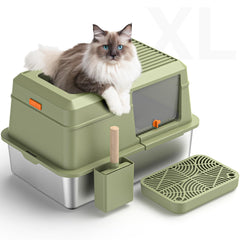 PEDIBAT stainless steel litter box with lid showcases XL size for large cats and reduced splashing.