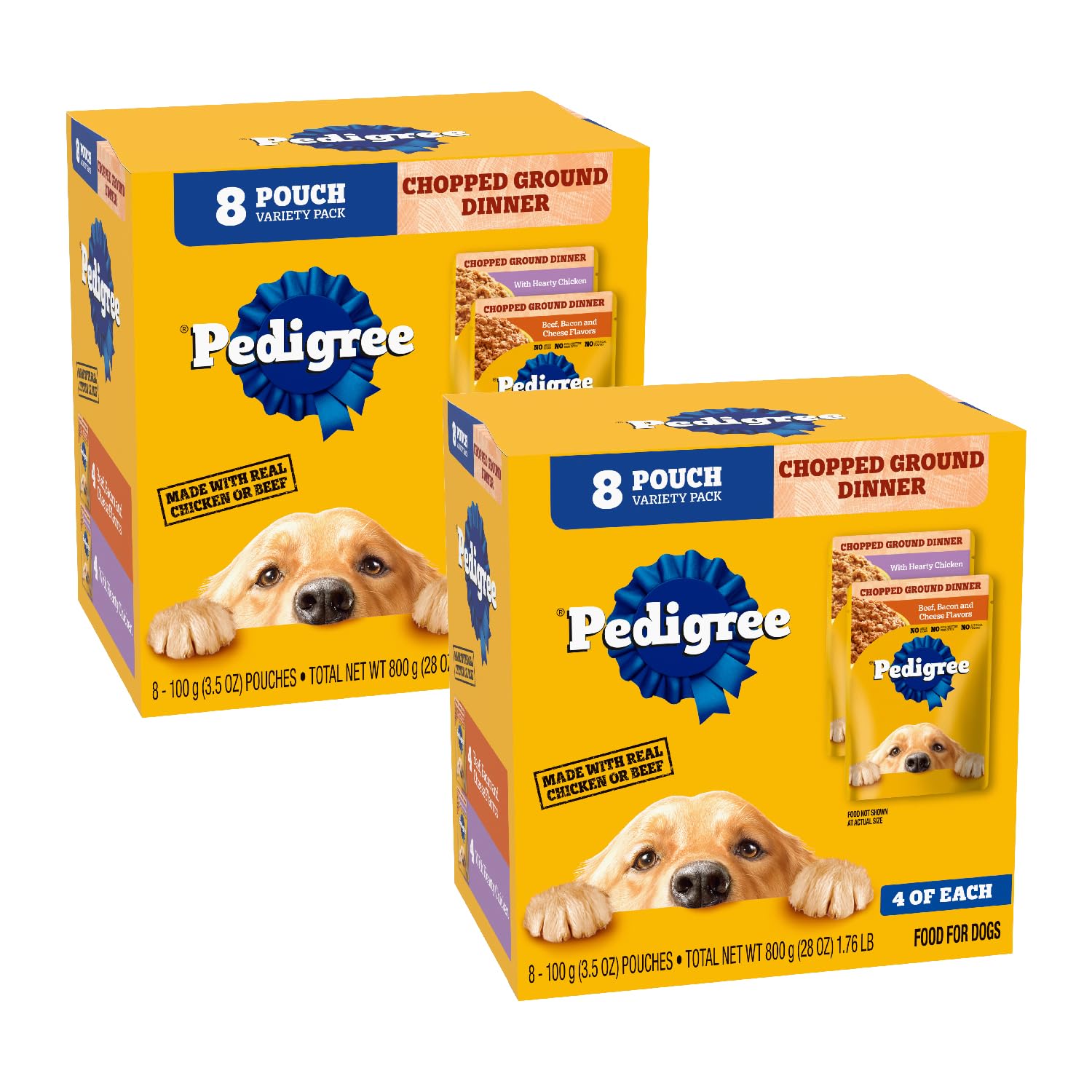 Pedigree Chopped Ground Dinner pouches shown for easy serving and meal variety.