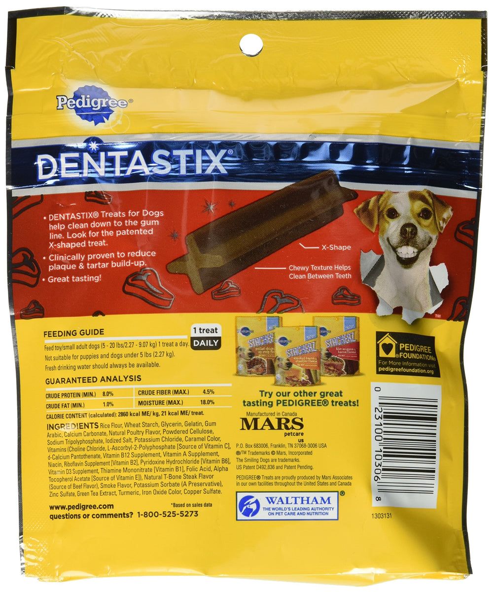 Pedigree Dentastix beef flavor with X-shape design aids between-teeth cleaning for small dogs.