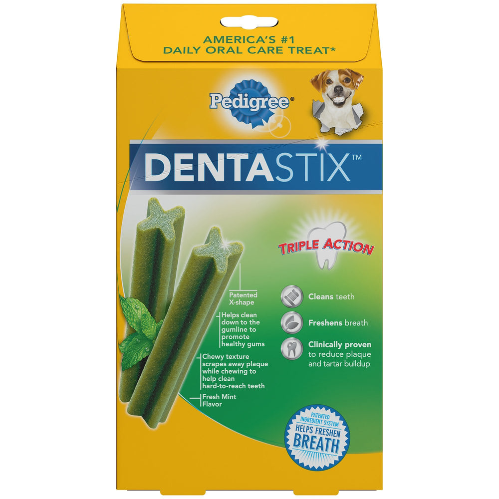 Pedigree Dentastix Mini pack opened showing chewable dental treat.
