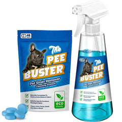 Pee Buster bottle with tablets demonstrates easy refill for quick cleanups.